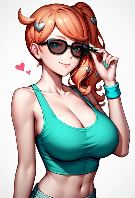 sonia, side ponytail, cleavage, upper body, looking over eyewear, 1girl, collarbone, closed mouth, green shirt, sunglasses, oran...