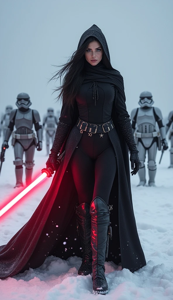 {Best Quality},{masterpiece},{8k},Sis,Red glowing lightsaber,woman,beautiful girl,Stylish,黒いSisの衣装,Heading towards the enemy,Stormtroopers in the background,Blaster,Planet Hoth