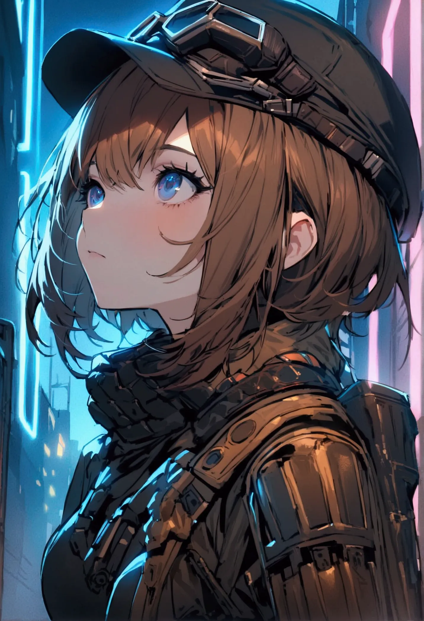 masterpiece,  best quality, , (alone), one girl, look up, dim light, , horizon_(apex legends), goggles, blue eyes, brown hair, g...