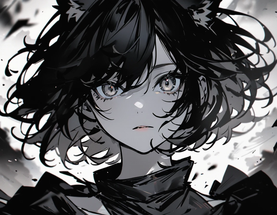 (UHD, best quality), Beast Girl, Full body portrait:1.3, (Eyes are hidden by hair:1.5, Unkempt shorthair:1.5, Divided down the center into black and white,) Wolf Ears, Wolf&#39;s bushy tail, Large hand with sharp claws, (A short-sleeved dress with a wide open chest, above-knee length boots), ((Grin, Big Mouth, Deformed jagged teeth)), ((On stage:1.2, Dancing:1.3, Live)), Cocktail High Beam:1.2, Halloween Party:1.4