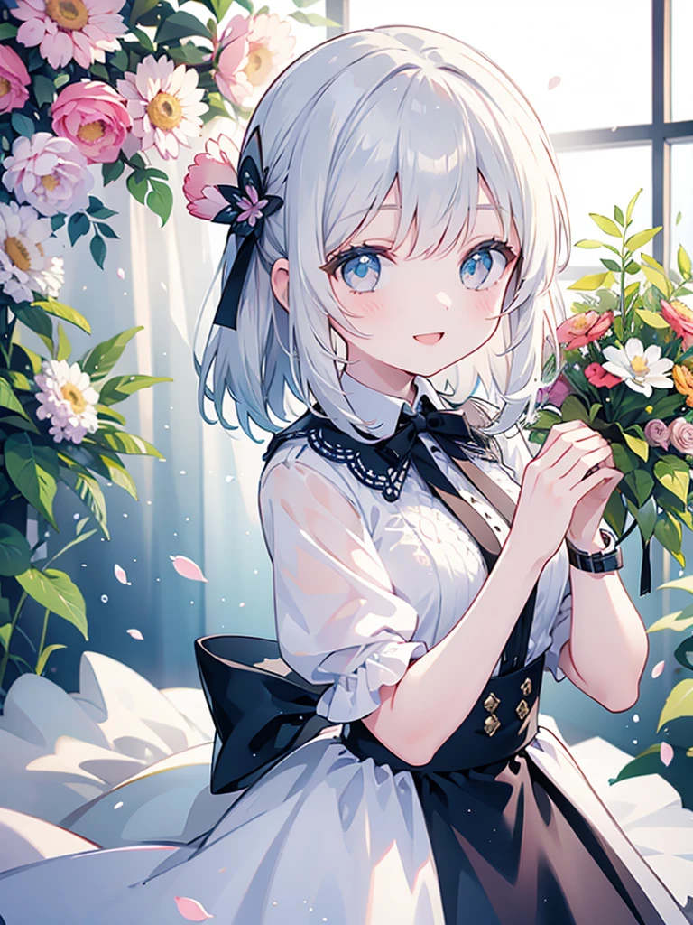 One girl, smiling, flowers are over there