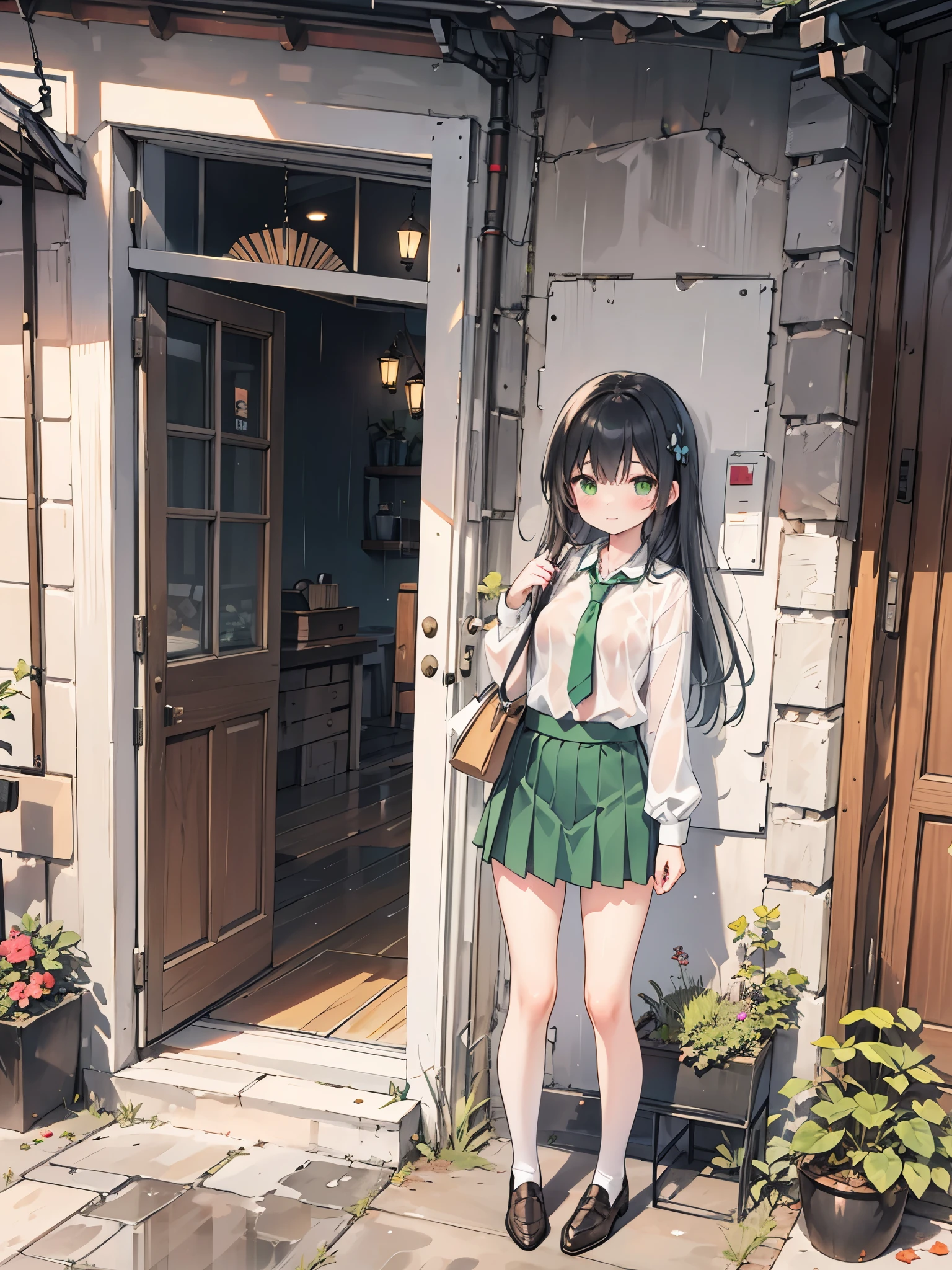 ((Best Quality, 8k, masterpiece: 1.3)),Human Girl,((Petite,Glamorous Body,Curvy)),cute,Lonely look,((Black Hair)),Long Hair,Beautiful emerald green eyes,Standing posture,(((White blouse,Green tie,Green pleated mini skirt,Black socks,loafers))),((Pouring rain,As I was sheltering from the rain under the eaves, a hand holding an umbrella reached out towards my chest.)),