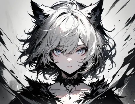 (uhd, best quality), beast girl, (full body portrait:1.3), (eyes are hidden by hair:1.5, messy short hair:1.5, hair is divided d...