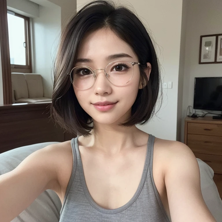 ((masterpiece, Best Quality, Illustration, Ultra-detailed, finely detail, hight resolution, 32K Wallpaper, Perfect dynamic composition,)), Japanese cute mature,incredibly detailed face, incredibly detailed beautiful and small downtuned cut eyes,(wide and thin lips),upward glance,glasses,tall hooked nose,(wide oval face shape),(Natural looking makeup),,bed,dusky room,moody lights,(unkempt short lob hair),gray loungewear,((selfie)),(smile),((Realistic)), ((photo Realistic)),