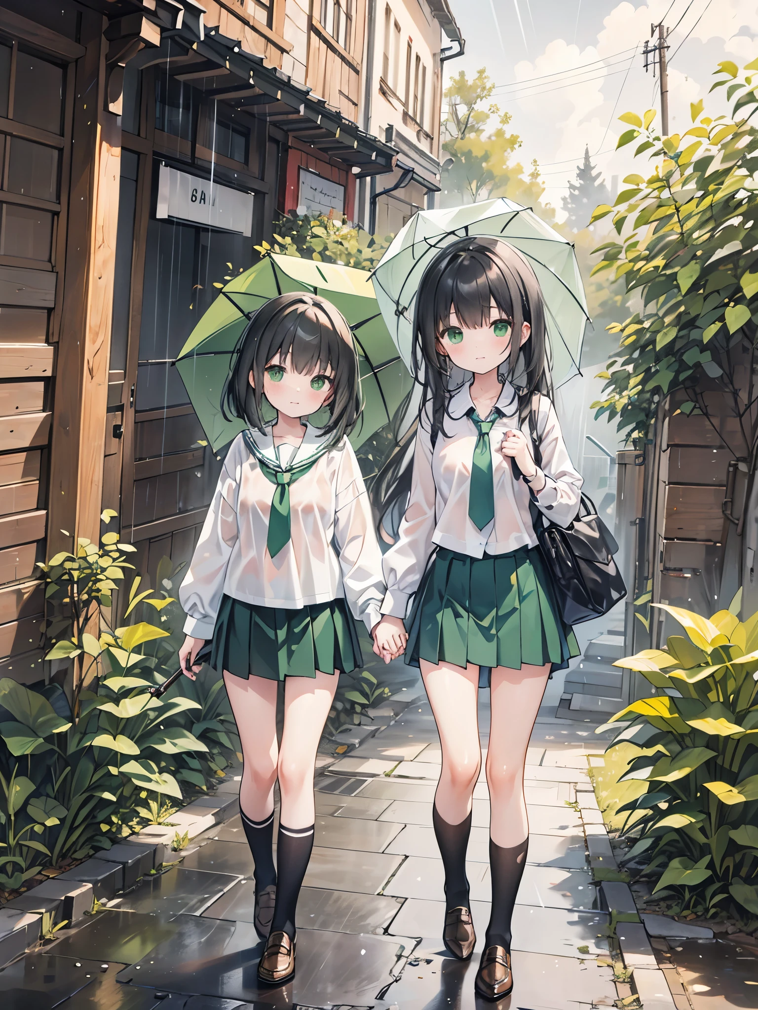 ((Best Quality, 8k, masterpiece: 1.3)),Human Girl,((Petite,Glamorous Body,Curvy)),cute,Lonely look,((Black Hair)),Long Hair,Beautiful emerald green eyes,Standing posture,Close-up,(((White blouse,Green tie,Green pleated mini skirt,Black socks,loafers))),((Pouring rain,As I was sheltering from the rain under the eaves, a hand holding an umbrella came towards me, aimed at my chest.)),