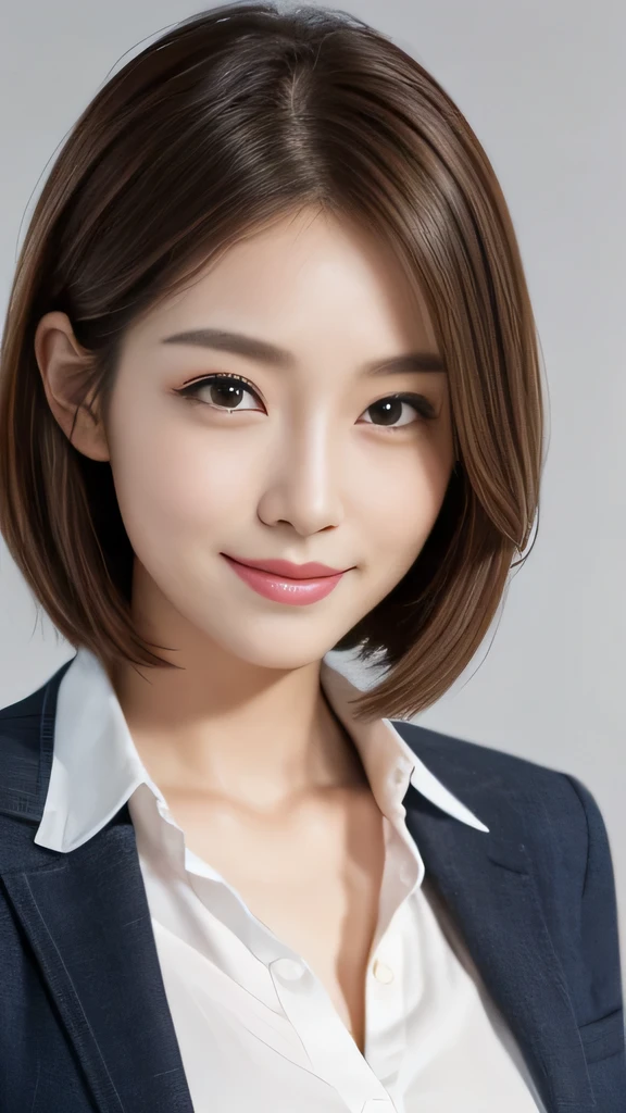 (Highly detailed CG Unity 8K wallpaper, highest quality, super detailed, look at the camera:1.2, light shines on your face:1.5, gray background, professional lighting), 2 Japanese female, upper body composition with her face well-lit. She has an oval face, soft arched eyebrows, bright expressive eyes, a well-defined nose, and a friendly smile. Her hair is shoulder-length, straight, and dyed a light chestnut brown. She's wearing a smart-casual blouse, possibly in a soft color, complemented by a chic blazer, embodying her lively and sociable personality