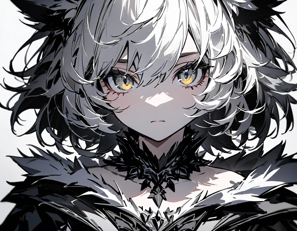 (UHD, best quality), Beast Girl, (Full body portrait:1.3), (Eyes are hidden by hair:1.5, Messy short hair:1.5, Hair is divided down the middle into black and white) Wolf Ears, Wolf&#39;s bushy tail, Large hand with sharp claws, (A short-sleeved dress with a wide open chest, above-knee length boots), ((Grin, Big Mouth, Deformed jagged teeth)), ((On stage:1.2, Dancing:1.3, Live)), Cocktail High Beam:1.2, Halloween Party:1.4