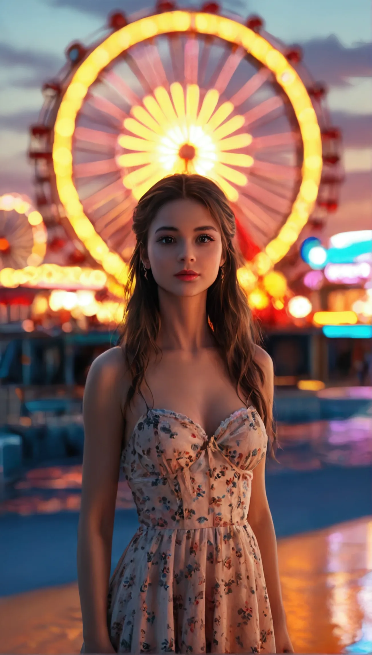 score_9, score_8_up, score_7_up, a beautiful young girl standing on a beach boardwalk, wearing a cute dress, long eyelashes, bea...