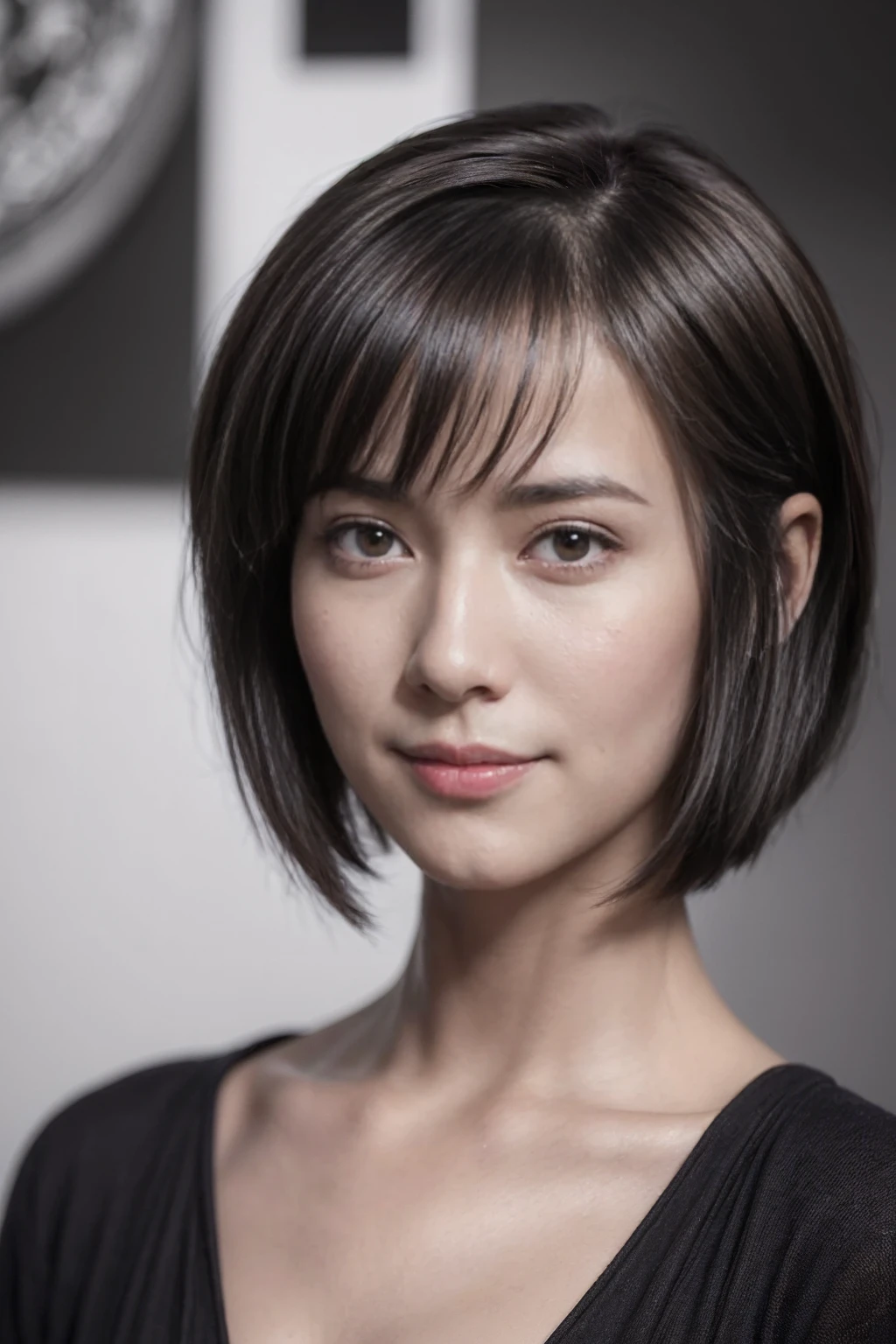 ((Best Quality)), ((8k)), ((masterpiece: 1.3)), (Perfect appearance), (Photorealism: 1.6), (AYN), (WHO), (JMA), (Genuine:1.4), (Mature Woman Portrait), (6), (Short bangs), (Short Hair), (A gentle smile), (The gaze is looking at this), (Center on screen),