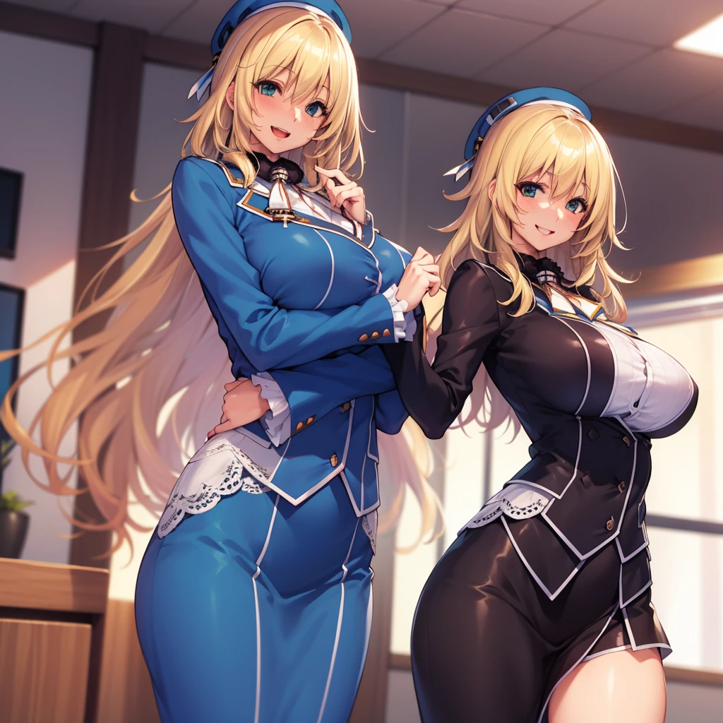 , View your audience,
blonde　hair,Big Breasts, smile, Open your mouth, smile,Wide Hips,長いhair,indoor,Uniform,atagoKC, (atago) Uniform,beret,Office,