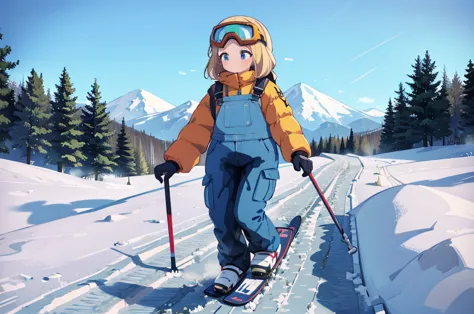 a young woman is skiing down a snowy slope, dressed in bright, winter-appropriate ski gear, including a thick jacket, snow overa...