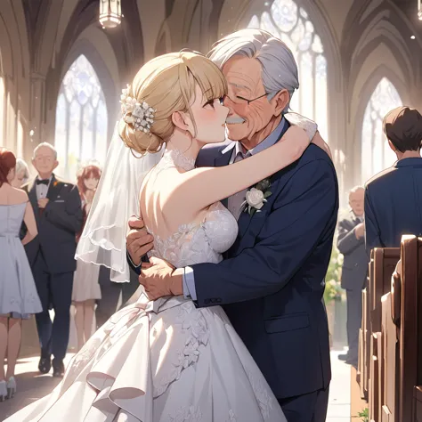 ((best quality)), ((masterpiece)), (detailed), （perfect face）、the woman is seras ashlain, a blonde elf wearing a gorgeous weddin...