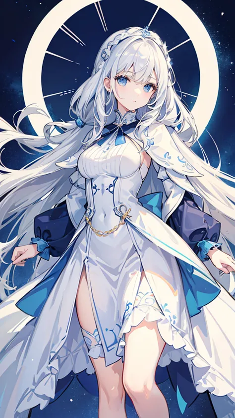 a woman with white hair and blue eyes、adult、long and wavy hairstyle、braiding、hair accessories、wearing an elegant and ladylike wh...