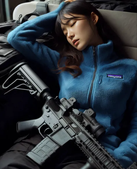 ８K、Photorealistic expression、Realistic skin texture、A Japanese woman living in America finds herself in the Arizona wilderness、Sleeping in a van with an automatic rifle、Luggage on the platform、Escape、SIG SAUER XM7 assault rifle、Patagonia fitted fleece jacket、Black high neck shirt、Dramatic and delicate composition like a movie、A scene from a movie