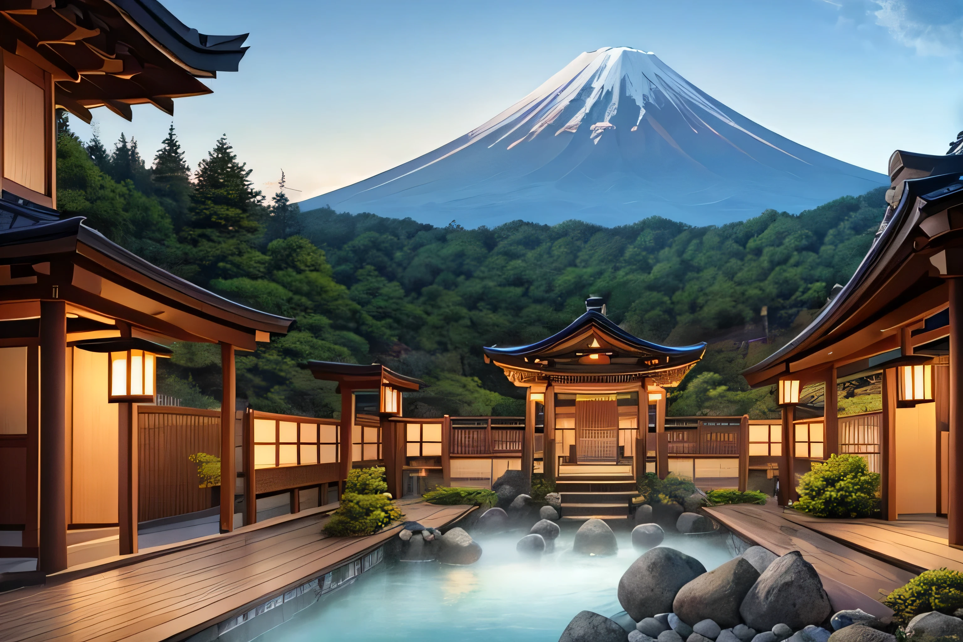 (Traditional Japanese art painting), Mount Fuji in the distance, and the white snow on the top of the mountain as the background, no one in the scenery, bright sunlight shining on the hillside all the way to the hot spring water, making people feel like an epic picture Landscapes, (extremely detailed oil painting: 1.2), glow effects, godrays, hand painted, rendering, 8k, octane rendering, cinema 4d, blender, (dimmed lights at night, daytime blue sky, white Mt. Fuji top, green Mt. Fuji slopes, Ancient castle, temple and shrine, traditional Japanese wooden house complex all the way down the mountain, and traditional Japanese hot spring bath, 4k ultra detailed), cinematic sensibility, sharp focus, humorous illustration, great depth of field, masterpiece, color, 3D octane rendering, 4k, concept art, trending on artstation, surreal, vibrant colors, extremely detailed CG unity 8k wallpaper, trending on ArtStation, trending on CGSociety, intricate, high detail, dramatic, absurd, (face_yolov8n:0.3),  