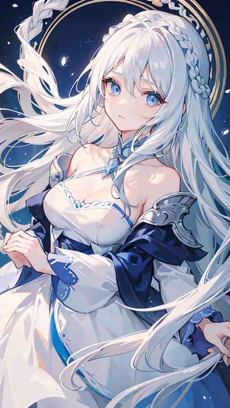 a woman with white hair and blue eyes、long and wavy hairstyle、braiding、hair accessories、elegant and ladylike、white and blue dres...