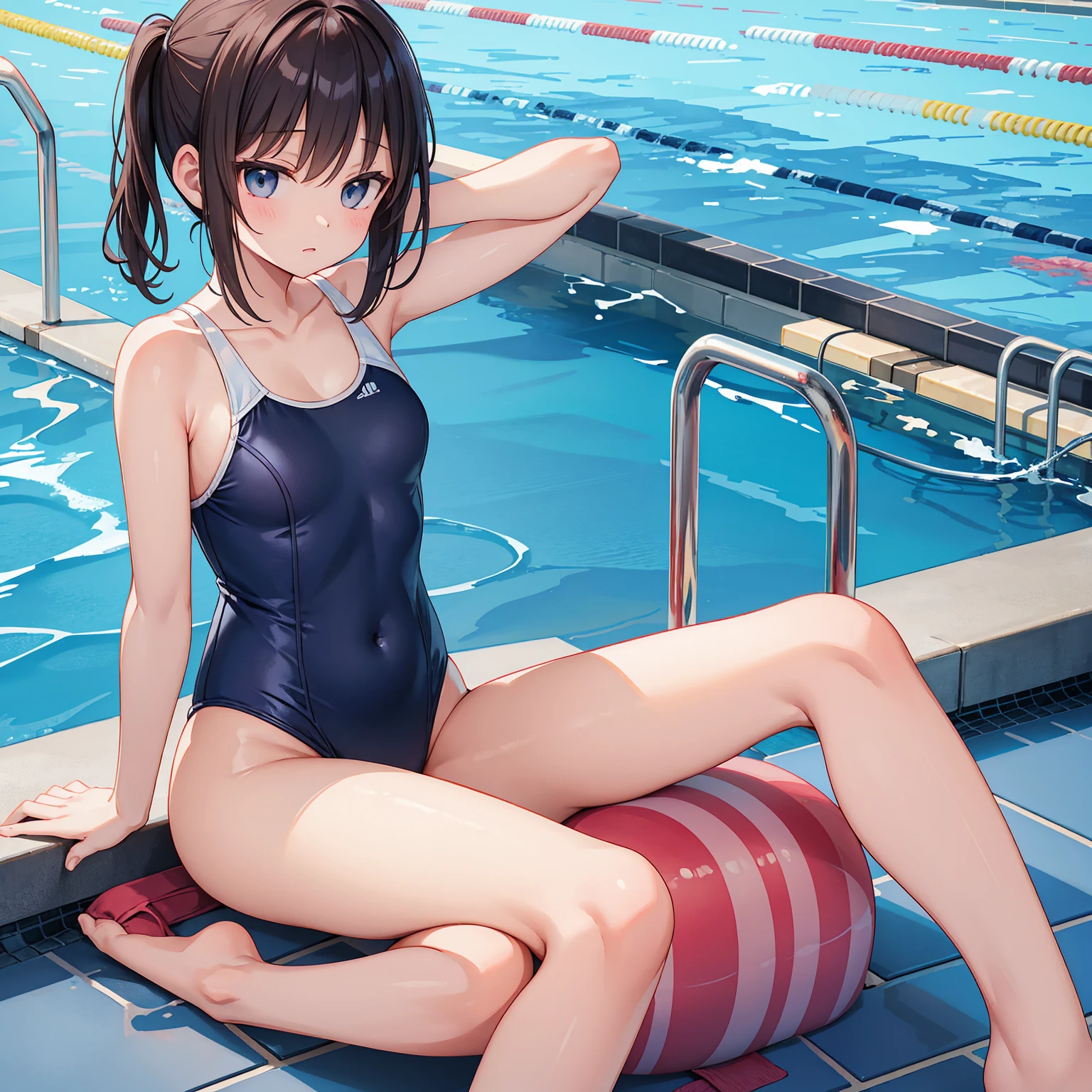 A middle school girl wearing a swimsuit and T-pants sits on the edge of a swimming pool and urinates on the pool floor in an M-shape.