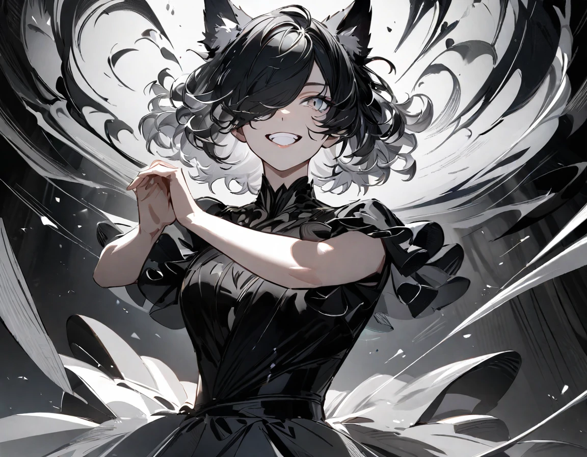 (UHD, best quality), One beast girl, (Full body portrait:1.3, Dancing:1.3), (white hair, black hair, gradient hair, short hair, mullet, grin, wavy hair, hair over eyes, Eyes are hidden by hair:1.5, Messy short hair:1.5, Hair is divided down the middle into black and white) Wolf Ears, Wolf&#39;s bushy tail, Large hand with sharp claws, (A short-sleeved dress with a wide open chest, above-knee length boots), ((Grin, Big Mouth, Deformed jagged teeth)), ((On stage:1.2, Dancing:1.3, Live)), Cocktail High Beam:1.2, Halloween Party:1.4