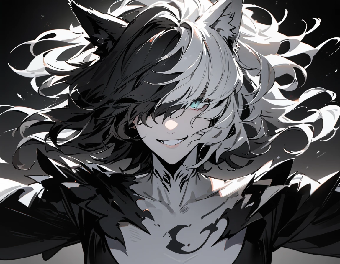 (UHD, best quality), One beast girl, (Full body portrait:1.3, Dancing:1.3), (white hair, black hair, gradient hair, short hair, mullet, grin, wavy hair, hair over eyes, Eyes are hidden by hair:1.5, Messy short hair:1.5, Hair is divided down the middle into black and white) Wolf Ears, Wolf&#39;s bushy tail, Large hand with sharp claws, (A short-sleeved dress with a wide open chest, above-knee length boots), ((Grin, Big Mouth, Deformed jagged teeth)), ((On stage:1.2, Dancing:1.3, Live)), Cocktail High Beam:1.2, Halloween Party:1.4