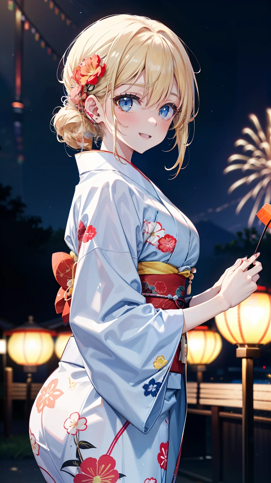 Alice Zuberg, bangs, blue eyes, Blonde, Hair between the eyes, Long Hair, Flower Hair Ornaments, hair tied back, hair band, ((yukata)), happy smile, smile, Open your mouth, Fireworks in the night sky, Fireworks, The place is a fireworks display, Time is night, sunny day, Japanese Festivals, Summer festival food stalls, Red lantern, whole body, break outside, shrine, break looking at viewer, (Cowboy Shot:1.5), (masterpiece:1.2), Highest quality, High resolution, unity 8k wallpaper, (figure:0.8), (Beautiful attention to detail:1.6), Highly detailed face, Perfect lighting, Highly detailed CG, (Perfect hands, Perfect Anatomy),