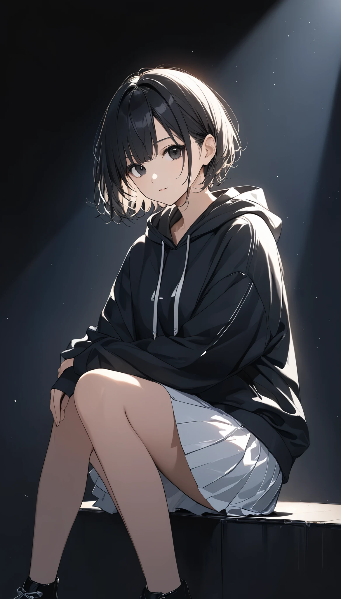 Line art、Black hoodie、White Skirt、Black Hair、Short Hair、Black Eyes、Pitch Darkness、Sitting with legs crossed、Only the girl is illuminated、Spotlight