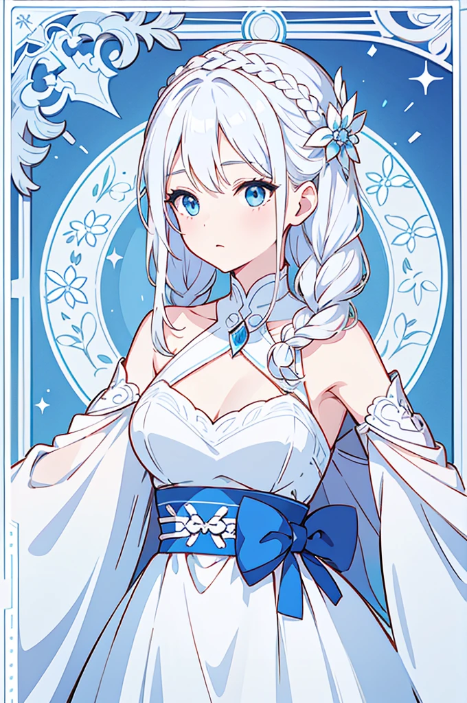 A woman with white hair and blue eyes、Long and wavy hairstyle、Braiding、Hair accessories、Elegant and ladylike、White and blue dress、whole body、The background is simple、Elegant frame