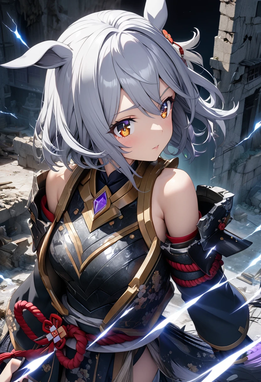 girl, , Samurai Armor, Samurai Pearl, knife、Purple lightning flashes in the background、Gray Hair、Dilapidated Ruins,(((masterpiece))),Highest quality, figure,(Beautiful detailed girl),Exposing shoulders,flat_CHST,Diamonds and sparkling eyes,Beautiful and detailed cold face,Very long blue and silver hair,Floating black feather,Moon of night，, Best Quality, Highly detailed CG Unity 8k wallpaper, anime「Horse Girl」Characters. A detailed illustration of Kitasan Black,  Horse&#39;s ears, Light effects, thunder efect, The background is dark、The light of the spotlight, Motion Blur, Character border depth, Cinema Lighting, Bokeh Photo, (Soft Focus):1.2, Out of focus highlights, Dreamy mood, Glowing circle, Fascinating Depth, 