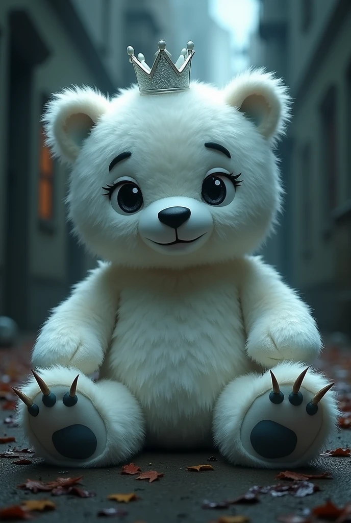 (UHD, best quality), Big stuffed bear, Stuffed white bear, stitch, White Crown, Left eye is drooping:1.5, Sharp Claws, fluffy body, Horror background, A mix of humor and horror