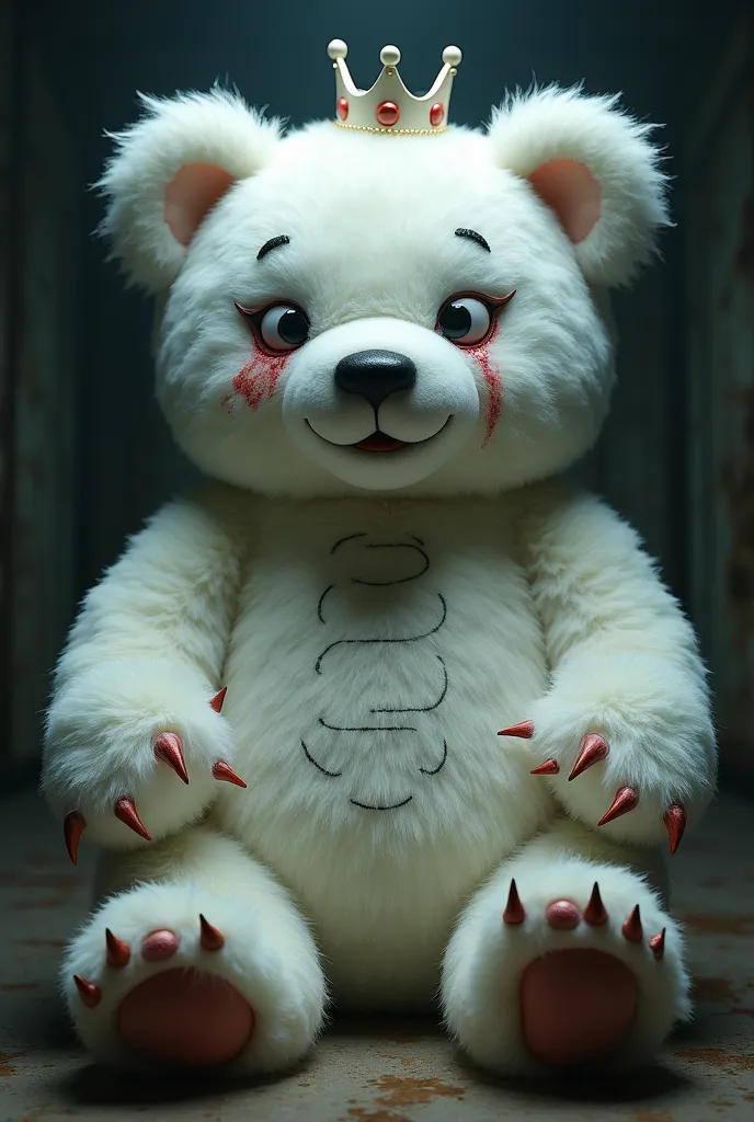 (UHD, best quality), Big stuffed bear, Stuffed white bear, stitch, White Crown, Left eyeball drooping:1.5, Sharp Claws, fluffy body, Horror background, A mix of humor and horror