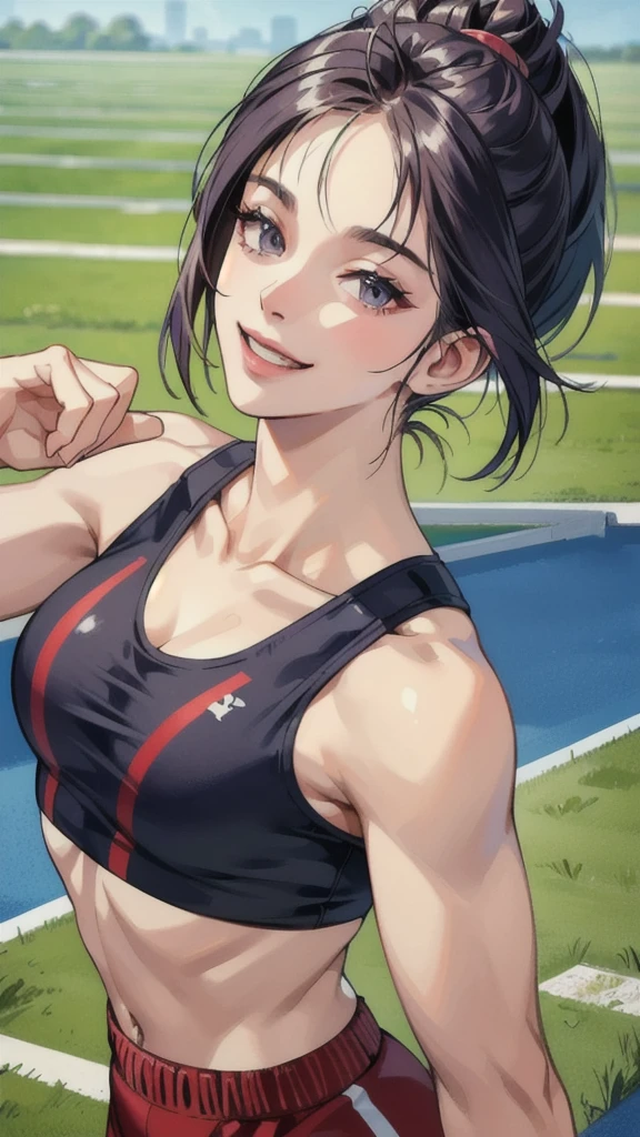 ((masterpiece, Best Quality, Best Quality)),((1 person)),Highly detailed face、Highly detailed eyes、Highly detailed skin、Highly detailed fingers、Highly detailed nose、Highly detailed mouth、Anatomically Perfect Fingers、Anatomically perfect arm、Detailed Background,((A happy smile)),((Sounds fun!)),(Track and field athlete),(Sports Bra),(sexy),(Exposed shoulders),(Summer sunshine),(Dynamic),(露出したAbdominal muscles),(Abdominal muscles),(laughter),(Ground),(Jumping),(jump over),Tight fitting clothing