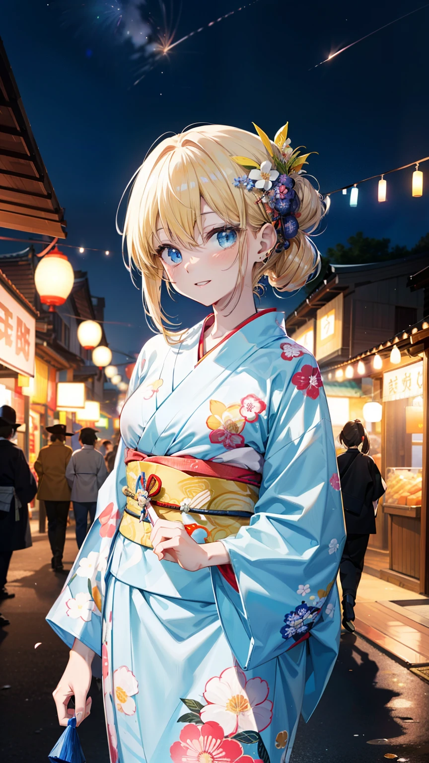 Alice Zuberg, bangs, blue eyes, Blonde, Hair between the eyes, Long Hair, Flower Hair Ornaments, hair tied back, hair band, ((yukata)), happy smile, smile, Open your mouth, Fireworks in the night sky, Fireworks, The place is a fireworks display, Time is night, sunny day, Japanese Festivals, Summer festival food stalls, Red lantern, whole body, break outside, shrine, break looking at viewer, (Cowboy Shot:1.5), (masterpiece:1.2), Highest quality, High resolution, unity 8k wallpaper, (figure:0.8), (Beautiful attention to detail:1.6), Highly detailed face, Perfect lighting, Highly detailed CG, (Perfect hands, Perfect Anatomy),