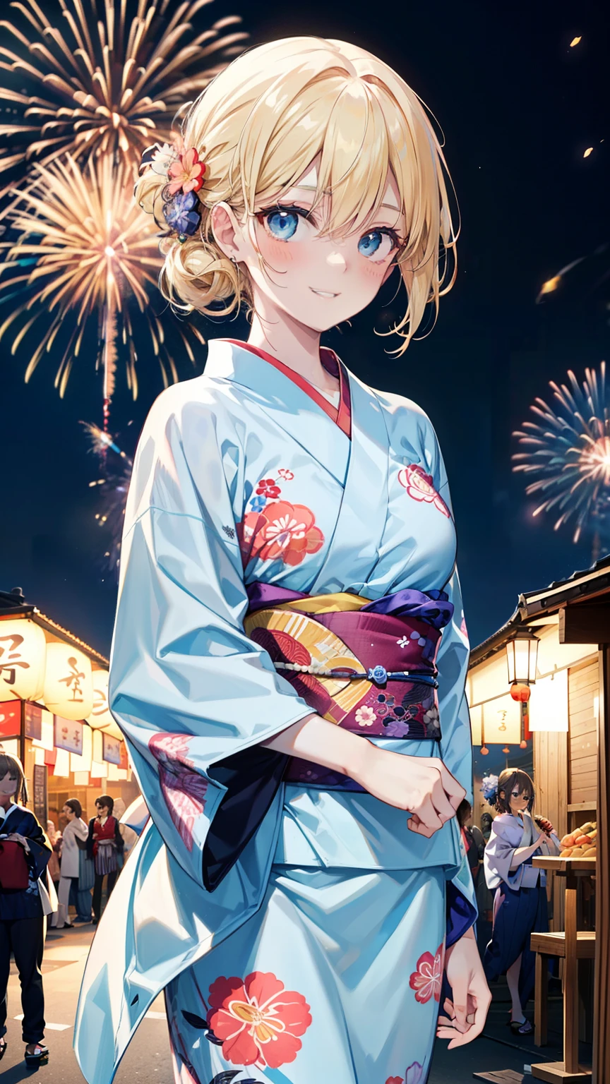 Alice Zuberg, bangs, blue eyes, Blonde, Hair between the eyes, Long Hair, Flower Hair Ornaments, hair tied back, hair band, ((yukata)), happy smile, smile, Open your mouth, Fireworks in the night sky, Fireworks, The place is a fireworks display, Time is night, sunny day, Japanese Festivals, Summer festival food stalls, Red lantern, whole body, break outside, shrine, break looking at viewer, (Cowboy Shot:1.5), (masterpiece:1.2), Highest quality, High resolution, unity 8k wallpaper, (figure:0.8), (Beautiful attention to detail:1.6), Highly detailed face, Perfect lighting, Highly detailed CG, (Perfect hands, Perfect Anatomy),