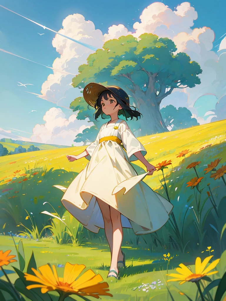 Ghibli style of a A serene, sunny meadow filled with wildflowers and tall grasses. In the center stands a young child with tousled hair, wearing simple summer clothes, staring up in awe. Above, an airplane cuts through the bright blue sky filled with fluffy, radiant clouds. The sun shines warmly, casting light and shadows over the vibrant greens, reds, and yellows of the flowers below. The scene conveys a sense of wonder, freedom, and the vastness of the world beyond, blending natural beauty with the marvels of flight. The style is vibrant, detailed, and evokes a warm, nostalgic feeling.
