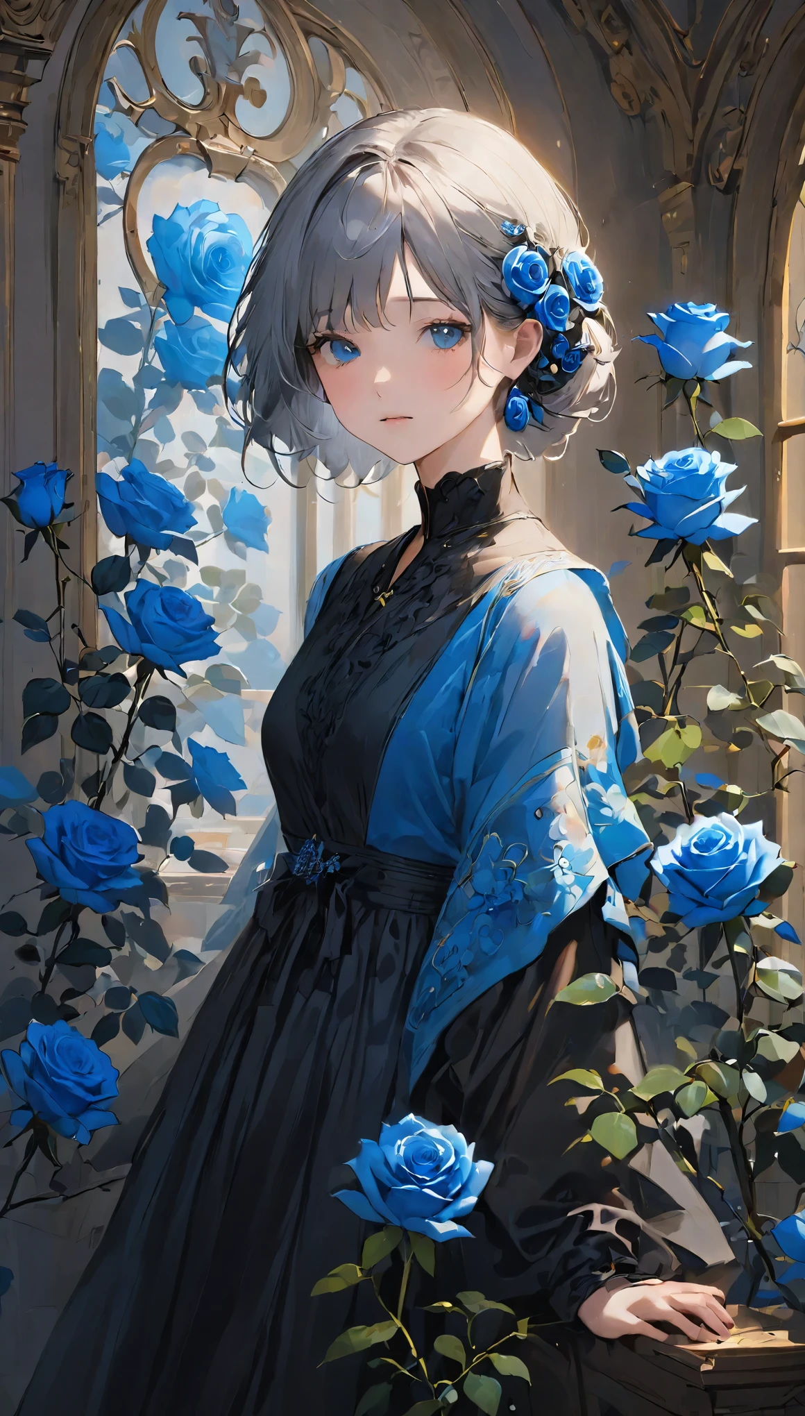 Best Quality、masterpiece、High resolution、８ｋ、break、(((暗闇にBlue Roseの一輪の花:1.2)))、((White Harmony, Blue and Black))、(((Simple configuration)))、(((Blue Rose_Flowers in a vase)))、Create silence、Wallpaper Art、Very detailed_face_eye、非常に繊細なfaceと肌の質感、break、One Woman、Gray Hair、Black Dress、