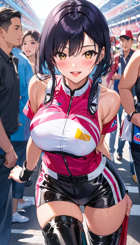 1 female,black hair,2,(((shiny race queen uniform with exposed belly button)))(((blush、open mouth smile)),(((straight hair))),((...