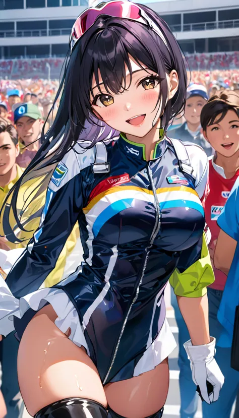 1 female,black hair,2,(((shiny race queen uniform with exposed belly button)))(((blush、open mouth smile)),(((straight hair))),((...