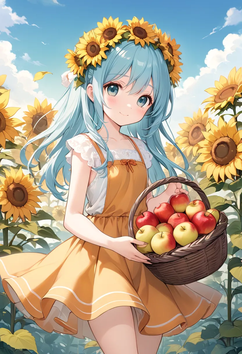 asterpiece, best quality, extremely detailed, (illustration, official art: 1.1), light blue long hair anime girl with apple bask...