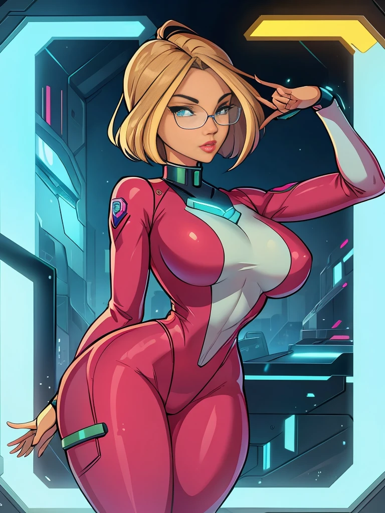 .20 years old, Gwen Tennyson-Amor,Futuristic costume, tight clothing ,medium breasts, thin waist, thick thighs,full bodysuit With technology details, researcher pose, Technological glasses, Technology clip in hair.Sexually attractive dynamic pose