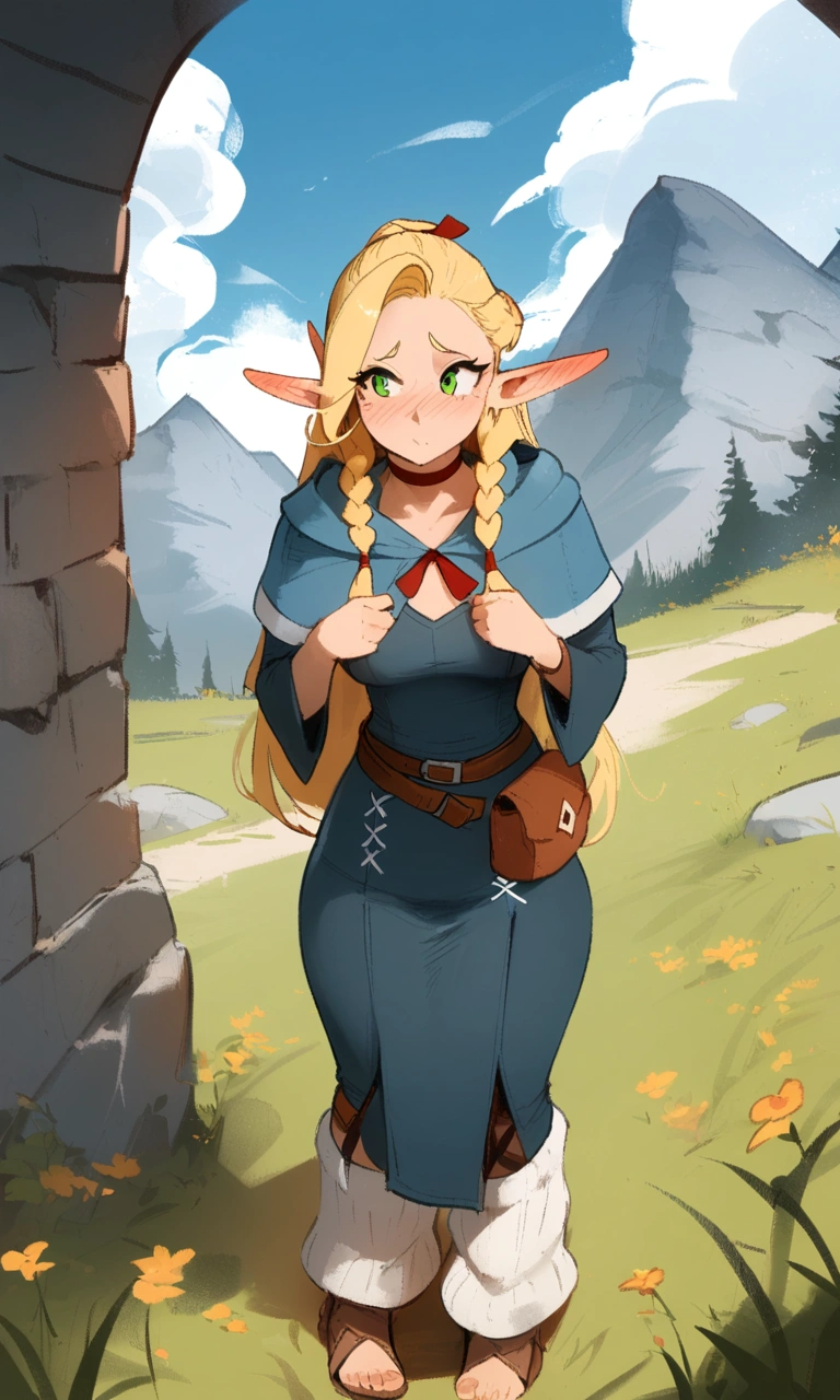 1girl,elf,blonde hair,long hair,braid,twin braids, pointy ears, green eyes, \\\\\ masterpiece, best quality, newest, ///// nyantcha, khyle, cutesexyrobutts \\\\\ highres, absurdes. , solo, shy, blush, ear blush,  straight-on, meadow, stone, green eyes, , , mountains, sky, cloud, ,rags, skirt, robe, leg warmers
