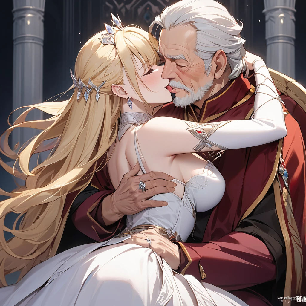 ((Best Quality)), ((masterpiece)), (detailed), （Perfect Face）、The woman is Seras Ashlain, a blonde elf queen wearing a gorgeous royal white dress, adorned with gorgeous jewelry and an engagement ring.、The woman is embracing the elderly man, kissing him deeply with their tongues entangled, and making love.、The old man is the king