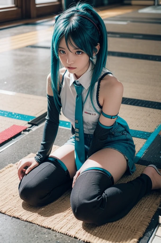 Photorealsitic、Realistic skin textures,hatsune miku,blue twintail hair,falldown ,hero landing,floor crack ,dust from floor,look at camera