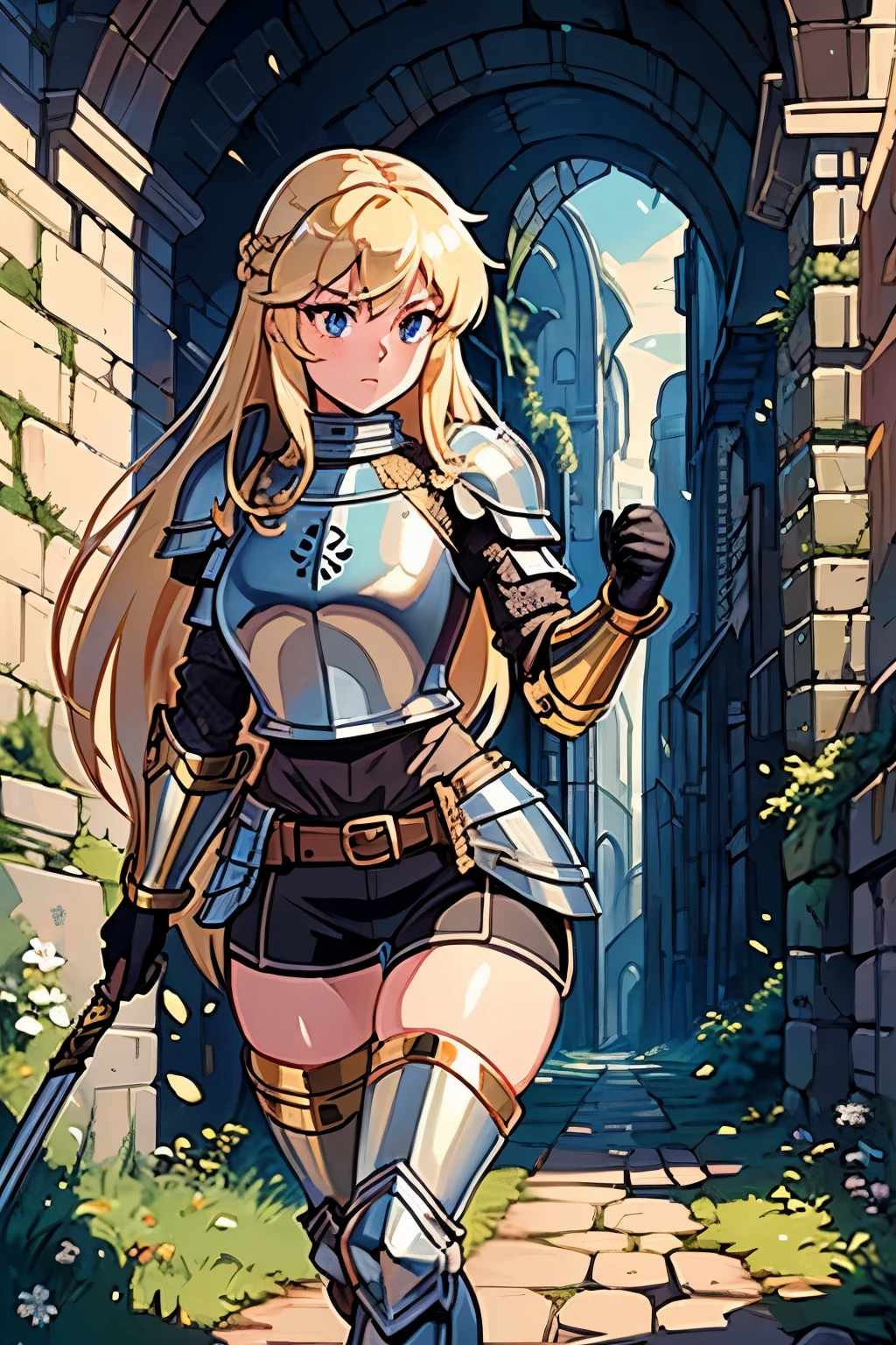 ((ultra-detailed)), (beautiful detailed eyes), (masterpiece), best quality, expressive eyes, perfect face, 1girl, knight, gold armour, white shirt, black shorts, white pantyhose, gold bracers, black gloves, plate armour, knee boots, blonde hair, long hair, walking, knight, paladin, ranger, pirate, armor, rogue, torch, wooden doors, ruins, abandoned, old, moss, stone wall, underground, dungeon, dungeon-background, iron doors, medieval-armor-girl, armored, p line, yoga shorts, retro anime, 1990s anime, (cinematic lighting), (illustration), anime, (((best quality))), best quality