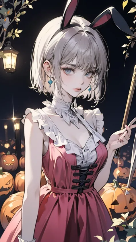 halloween,pumpkin, anime she have a short silver hair, pink long dress,pink eyes,pink bunny ears , beautiful face,random view,wi...