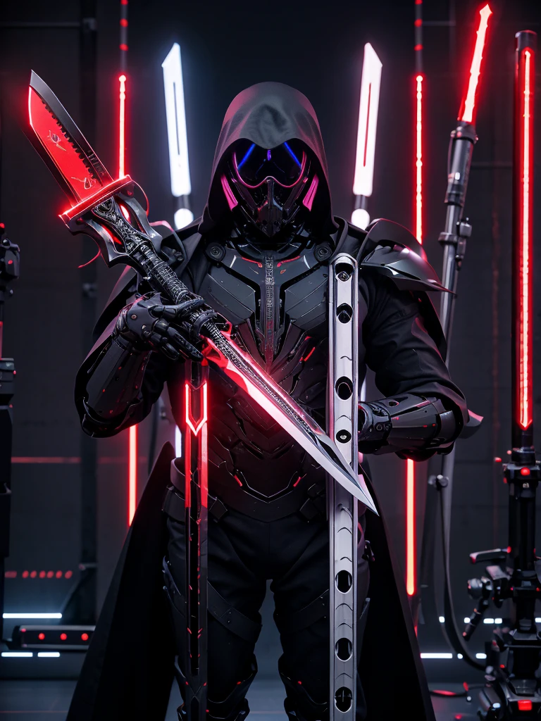 Create a hyper-realistic image of a Reaper dressed in black, technologically advanced mechanical armor. The armor should have a futuristic aesthetic with a streamlined shape, red neon and smooth surface. The Reaper holding a huge and big black titanium intricate sword with a neon red light. The background should feature high-tech architecture, subtly blurred to enhance the atmosphere of a future world.