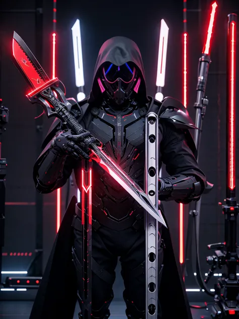 create a hyper-realistic image of a reaper dressed in black, technologically advanced mechanical armor. the armor should have a ...