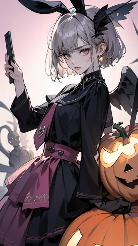 halloween,pumpkin, anime she have a short silver hair, pink long dress,pink eyes,pink bunny ears , beautiful face,random view,wi...