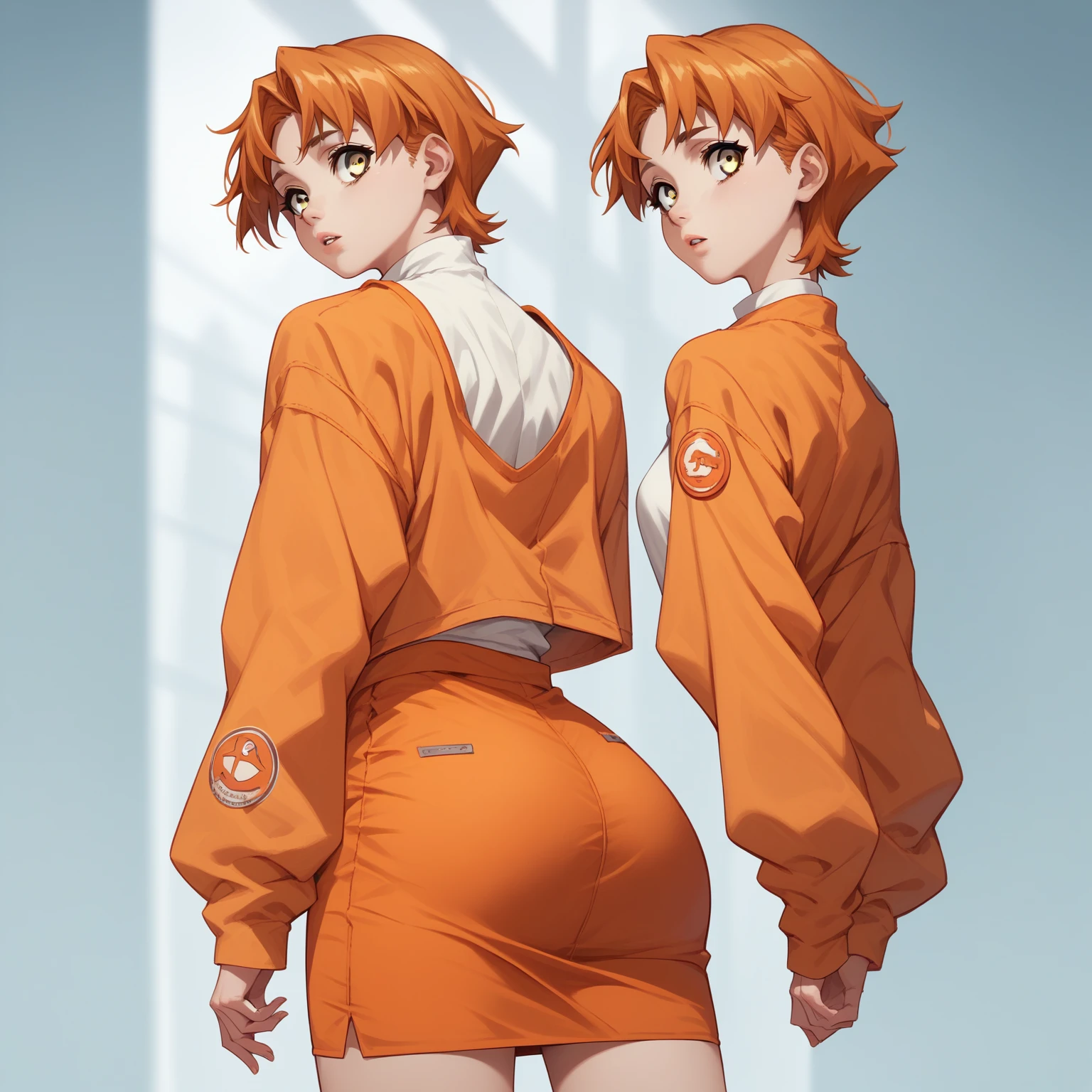 I parted my lips,
Alone,
Mayumi Fujiyama,One girl,Orange Hair,Short Hair,Yellow Eyes,
Medium chest,
White shirt,length_sleeve,Orange jacket,
Orange pencil_skirt,
whole body,Standing,Looking Back,