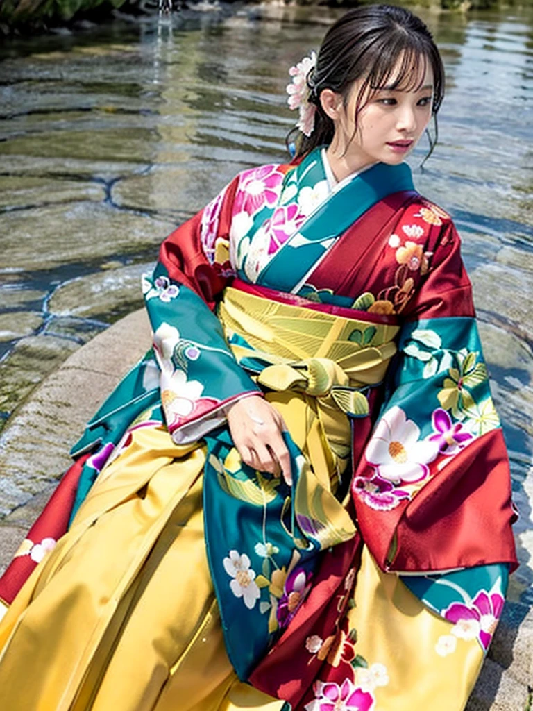 Realistic, long-sleeved kimono, hakama, long hakama, long long-sleeved kimono, floral patterned kimono, wet clothes, soaking wet clothes, water dripping from clothes, wet shiny clothes, clothes with a wet texture, clothes that stick to the body, immersing in a river, taking a shower, lying down in a river