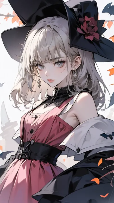 halloween,pumpkin, anime she have a short silver hair, pink long dress,pink eyes,pink bunny ears , beautiful face,random view,wi...