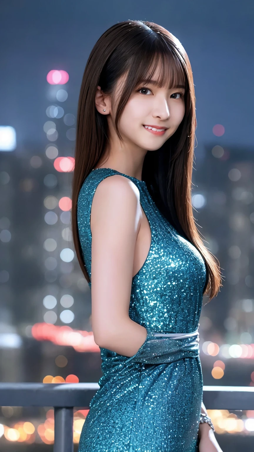 1girl,(wearing a blue glittery evening dress:1.2),(RAW photo, best quality), (realistic, photo-realistic:1.4), masterpiece, an extremely delicate and beautiful, extremely detailed, 2k wallpaper, Amazing, finely detail, extremely detailed CG unity 8k wallpaper, ultra-detailed, highres, soft light, beautiful detailed girl, extremely detailed eyes and face, beautiful detailed nose, beautiful detailed eyes,cinematic lighting,city lights at night,perfect anatomy,slender body,light smile,close up,(long hair with bangs), big breast